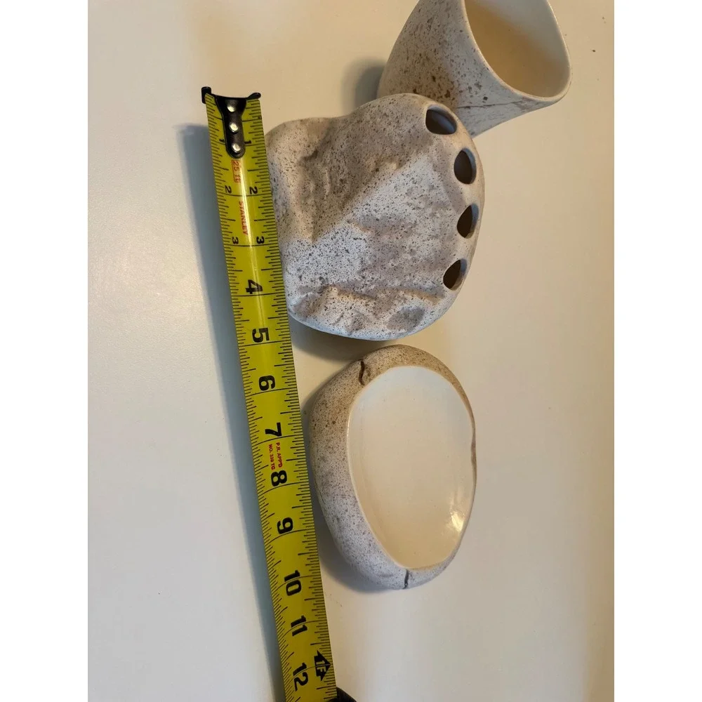 Vintage Ceramic Stone Texture Bathroom Set Toothbrush Holder Soap Dish Tumbler.